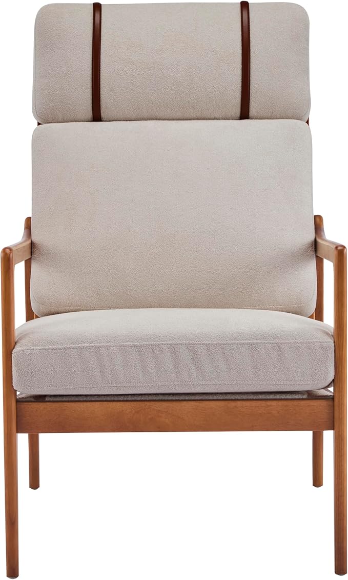 Merax Mid Century Modern Accent Chair High Back Armchair with Light Gray Upholstered Cushions and Solid Wood Frame Ergonomic Lounge Chair for Living Room/Bedroom/Reading Nook