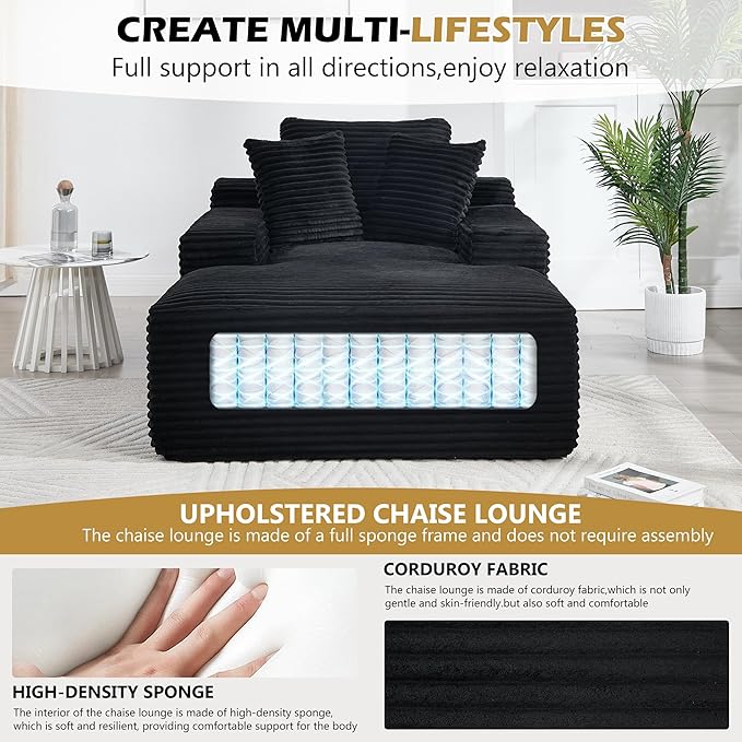 66 Oversized Chaise Lounge Chair Indoor Corduroy Upholstered Sofa Bed with Pocket Springs&ampHigh-Density Foam Deep Seat Sleeper Couch with 3 Pillows No Assembly for Living Room (Black)