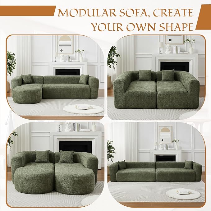 Curved Sectional Sofa with Left Chaise 109 Oversized Boneless Couches L-Shape Modern Cloud Modular Couche with Deep Seat Upholstery Chenille for Living Room No Assembly Required Green