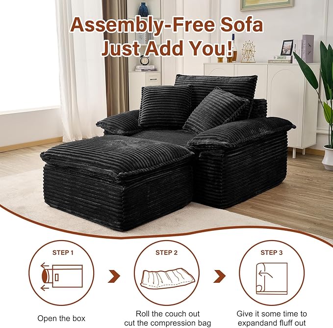 Boneless Sofa with Removable OttomanUpholstered Sofa Bed with PillowsPlush Faux Fur Lounge Reading Chairs with ArmrestsCloud Couches for Living RoomNo Assembly Required (Black Single seat) | No A