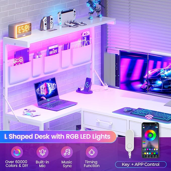 SEDETA Corner Computer Desk Reversible L Shaped Computer Desk with Fabric Drawers and Power Outlet 47.2” Gaming Desk with LED Lights Storage Shelves and Hutch White