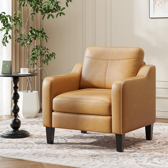PU Leather Accent Chair Set of 2 Mid-Century Modern Living Room Armchair Sofa with Removable Cushions Solid Wood Frame &amp Stitched Armrest Design Bedroom Chair with Plastic Legs Brown