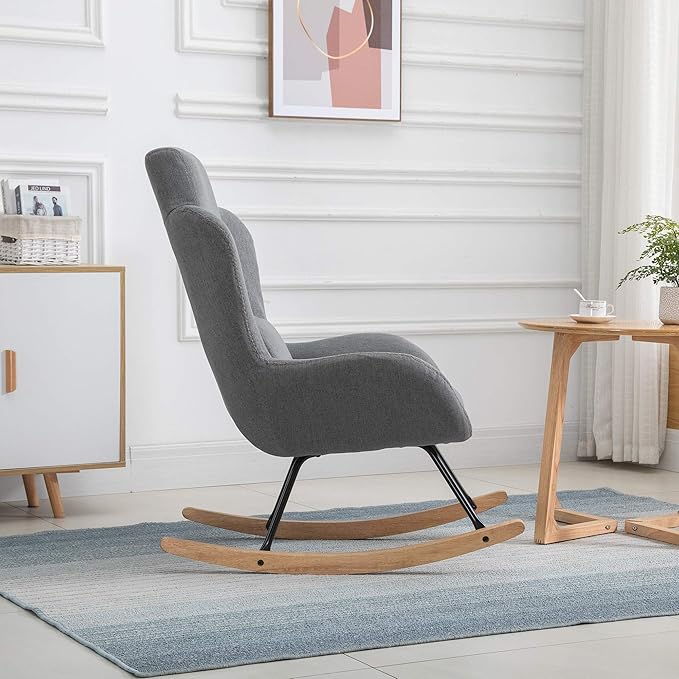 HOMCOM Modern Rocking Chair with Removable Lumbar Pillow Fabric Sofa Armchair with Thick Padding Metal Frame Wood Base for Living Room Light Grey