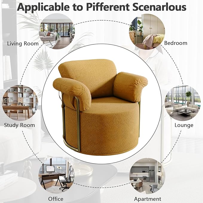 Swivel Accent Chairs for Living Room 360 Swivel Barrel Chair with Arm for Bedroom Upholstered Round Chair &amp Corner Chairs with Gold Frame for Small Spaces Chenille (Orange)