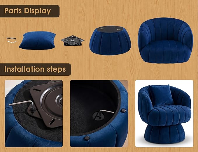 Mid Century Modern 360 Degree Barrel Swivel Accent Sofa ChairFluffy Velvet Fabric Lounge Wide Upholstered Pumpkin Reading Chair Round Cloud Armchair for Living RoomBedroomVanity(Navy Blue)
