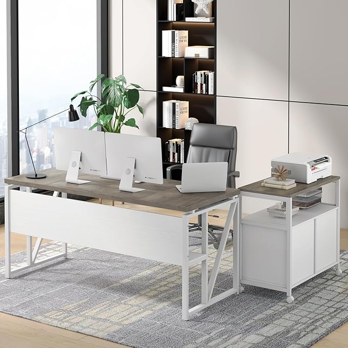 Tribesigns L-Shaped Executive Desk with Reversible File Cabinet 63 Large Office Desk with Drawers and Storage Shelves Business Furniture Workstation for Home Office (Oak Grey)
