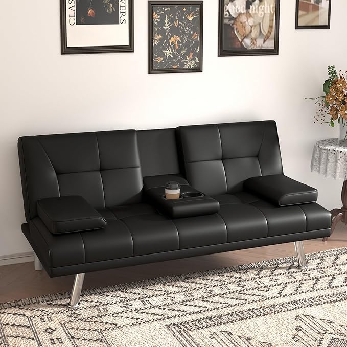 Anwick Convertible Folding Futon Sofa BedModern PU Leather Sleeper Love Seat with 3 Reclining Backrest &amp Cup Holders67 Comfy Sofa Couches for Living Room Small Home Office (Black)