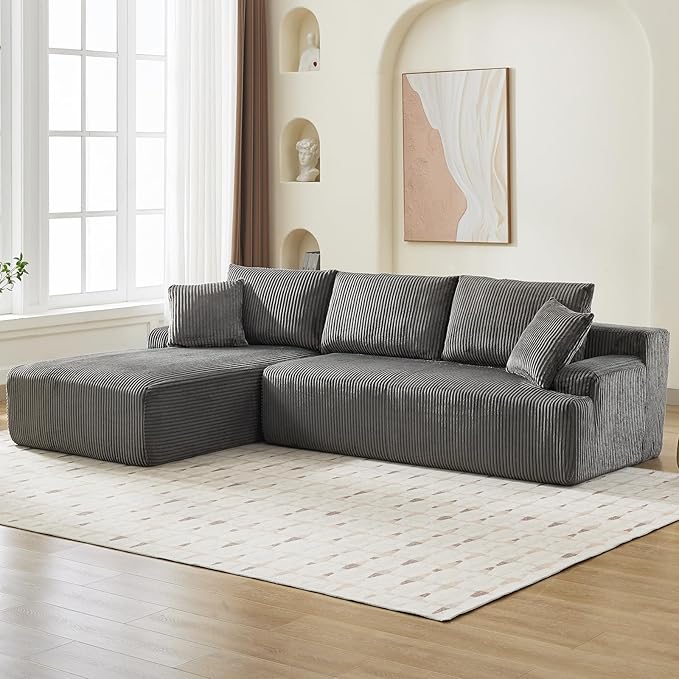 Cloud Couch with L-Shape Chaise 106 in Modern Sectional Modular Sofa with Deep Seat Corduroy Upholstered Boneless Couches for Living Room No Assembly Required Grey