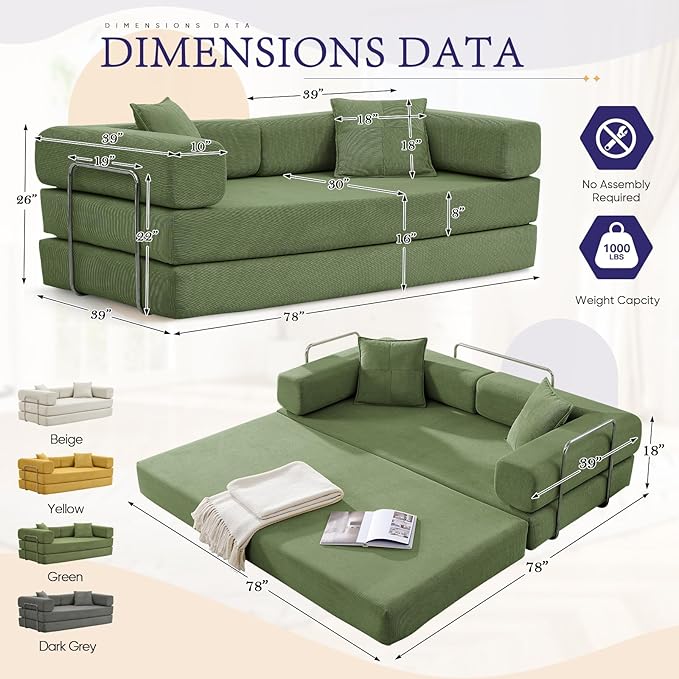 Convertible Folding Sofa Bed Corduroy Sleeper Mattress Couch with Fixed-Shape Frame Free Combination Loveseat Lounge Floor Sofa Queen Size Memory Foam Couch for Living Room Bedroom Dark Green