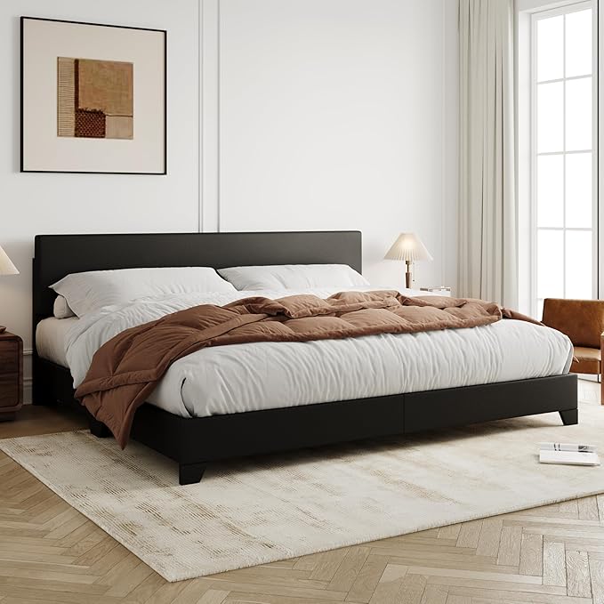 Allewie King Size Bed Frame with Adjustable Headboard Faux Leather Platform Bed with Wood Slats Heavy Duty Mattress Foundation No Box Spring Needed Noise-Free Easy Assembly Black