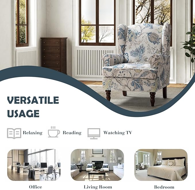 HULALA HOME Wingback Accent Chairs Set of 2 with Retro Wood Legs Traditional Fabric Armchairs for Living Room Bedroom Comfy Upholstered Sofa Chairs Reading Chairs with Unique Pattern Design Blue