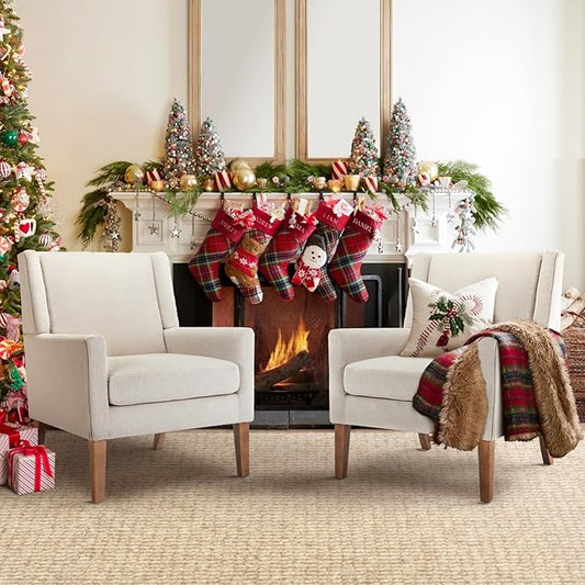 COLAMY Modern Wingback Living Room Chair Set of 2 Upholstered Fabric Accent Armchair Single Sofa Chair with Lounge Seat and Wood Legs for Bedroom/Office/Reading Spaces Beige