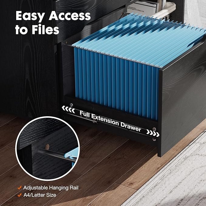 File Cabinet with 3 Drawers Mobile Lateral Filing Cabinet with Open Storage Shelves for Home Office Under Desk Storage Black