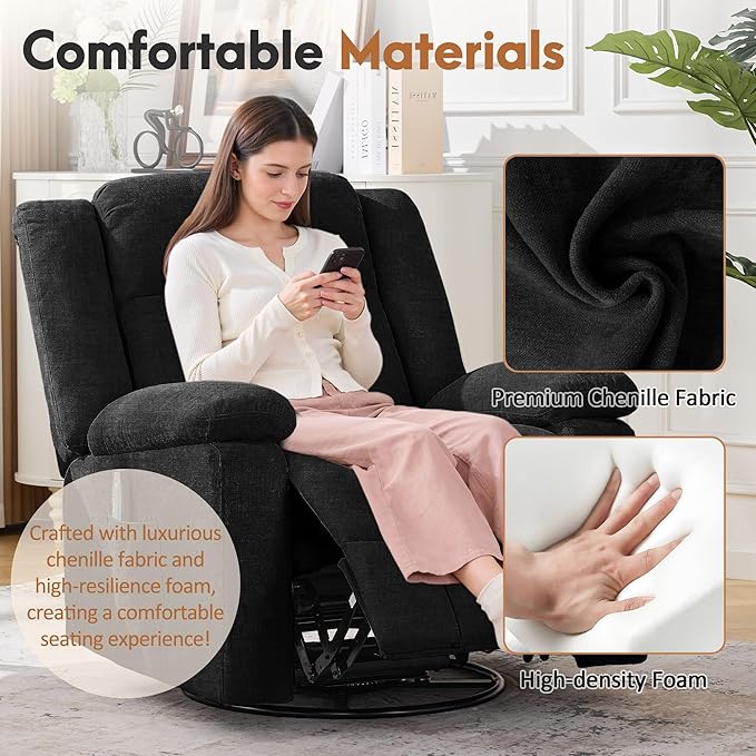 Rocker Recliner Chair for Adults 360° Swivel Rocker Recliner with Massage and Heating Nursery Rocking Chairs with Side Pockets Manual Reclining Chair for Living Room Bedroom or Nursery