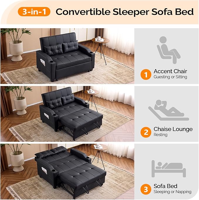VINGLI Black Futon Sofa Bed Convertible Loveseat Sleeper Couch Faux Leather Pullout Sofa Fold Out Couch Bed with USB Ports Cup Holders Armrest for Living Room Bedroom Apartment Room