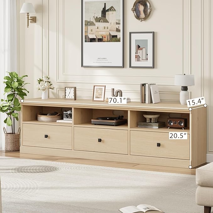 IDEALHOUSE 70in TV Stand for TVs up to 80 Mid Century Modern Entertainment Center with Storage Drawer and Open Shelves TV Console Media Cabinet for Living Room Bedroom Light Oak