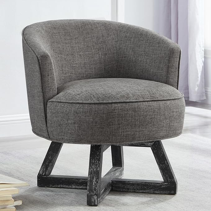 360°Swivel Accent Chair Farmhouse Retro Dressing Chair Linen Fabric Upholstered Reading Chair with Wood Base Bucket Chair for Living Room Bedroom Office Dresser (Dark Gray)