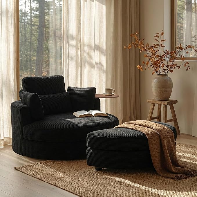 Yoglad 51” Swivel Barrel Chair with Storage Ottoman Corduroy Upholstered Accent Chair and A Half with Tray Table Oversized Chaise Lounge Round Sofa Chair for Living Room Bedroom(Black)