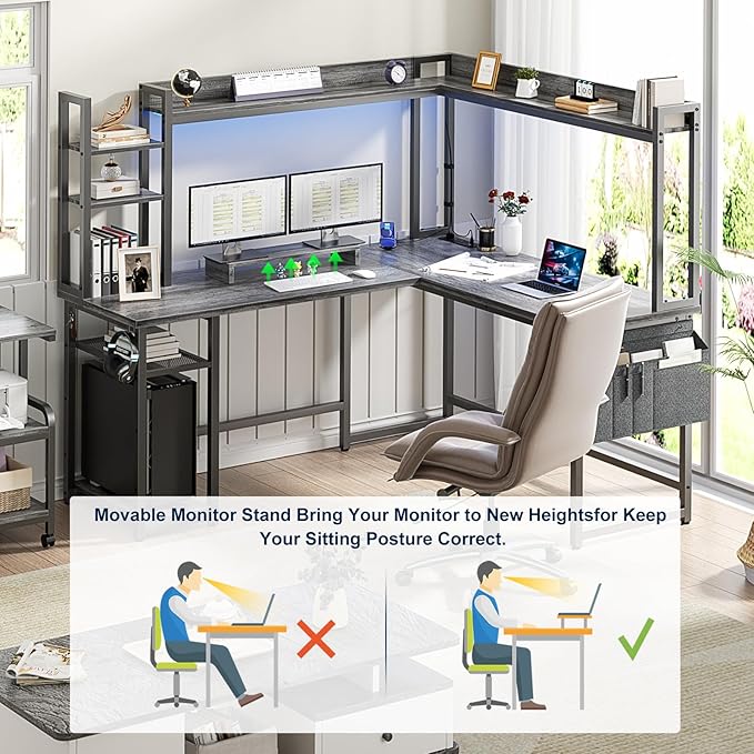 Aheaplus L Shaped Desk with Power Outlet L Shaped Gaming Desk with Led Light &amp Hutch Reversible Home Office Desk Corner Computer Desk Writing Desk with Monitor Stand &amp Storage Shelves Grey