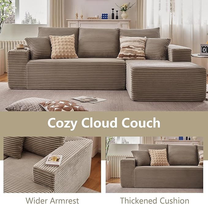107 Cloud Sectional Couch with L-Shape Chaise Modern Modular Comfy Sofa Chaise Longue Upholstered Corduroy Couches Sleeper with Deep Seat for Living Room Bedroom No Assembly Required Camel