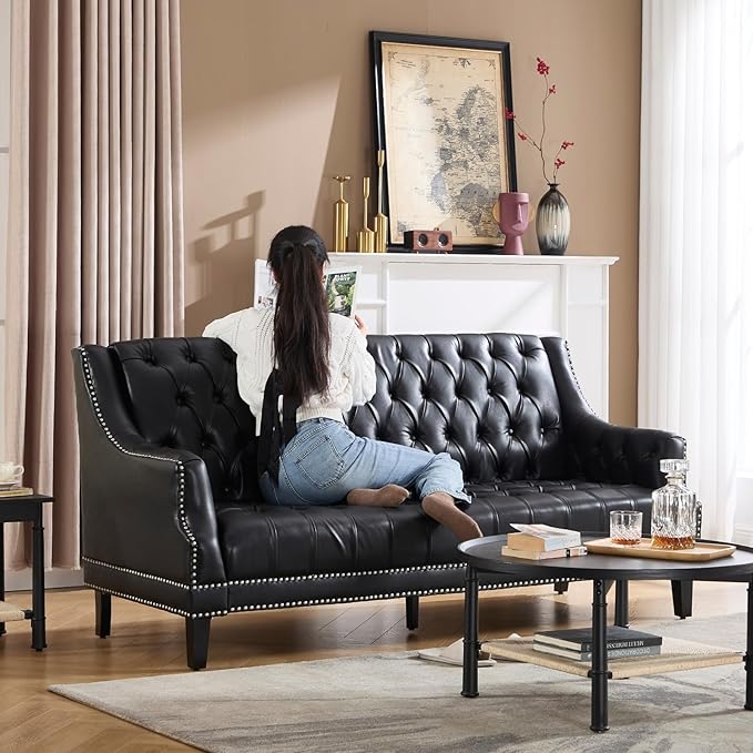 chairus Mid-Century Modern 74.5 Faux Leather Sofa Tufted Upholstered 3 Seater Couch with High Back &amp Nailhead Trim Chesterfield Sofa for Living Room Bedroom Apartment Office Black PU