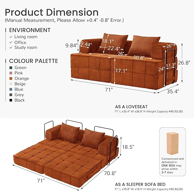 6-in-1 Convertible Sleeper Sofa Bed Corduroy Folding Mattress Couch with Fixed-Shape Frame Modular Foldable Boneless Couch Loveseat Couches with 2 Pillows for Living Room Bedroom Orange