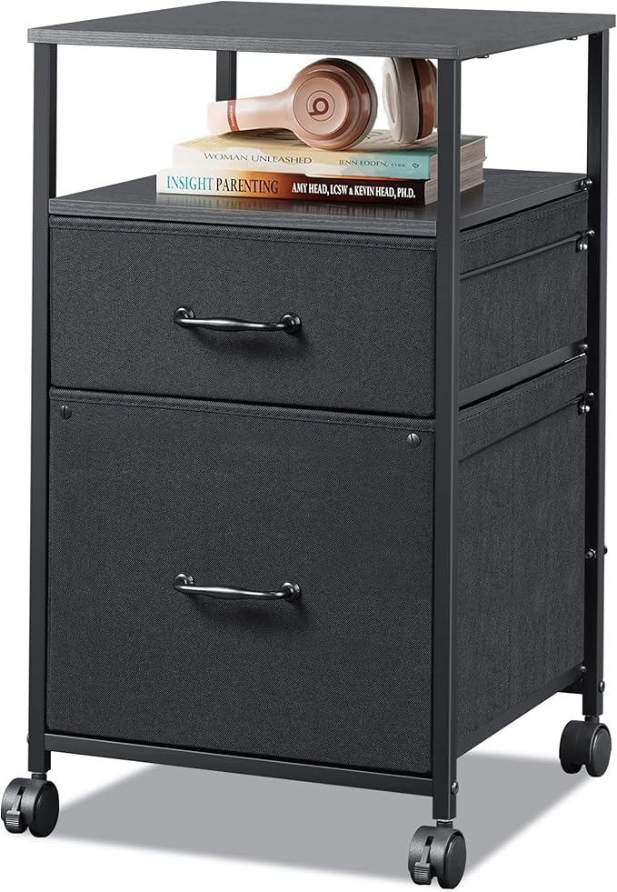 DEVAISE Mobile File Cabinet Rolling Printer Stand with Open Storage Shelf Fabric Vertical Filing Cabinet fits A4 or Letter Size for Home Office Black