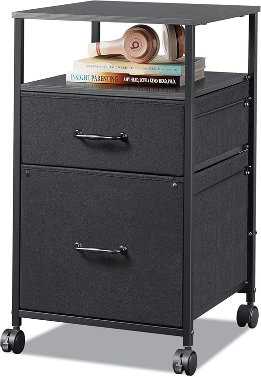 DEVAISE Mobile File Cabinet Rolling Printer Stand with Open Storage Shelf Fabric Vertical Filing Cabinet fits A4 or Letter Size for Home Office Black