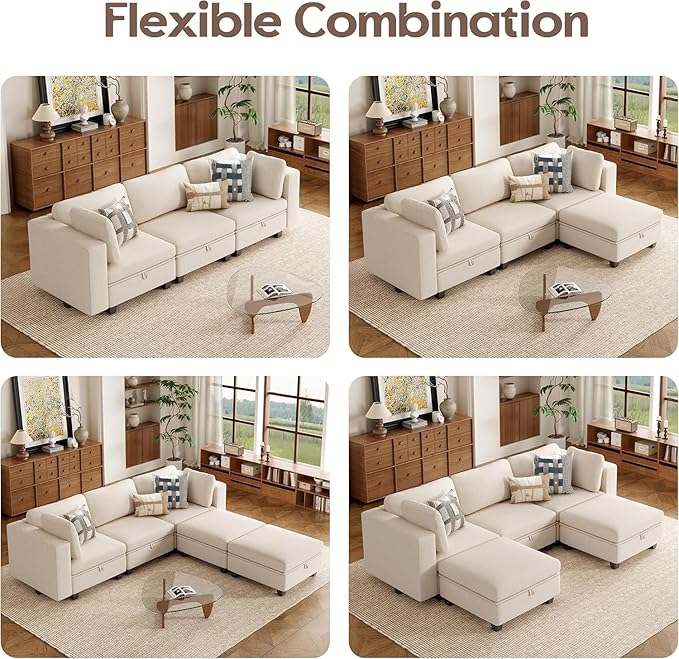 L Shaped Couch Convertible Sofa for Living Room Large Deep Seat Couches Oversized Modular Sectional 4 Seat Sofa with Storage Ottoman Cream