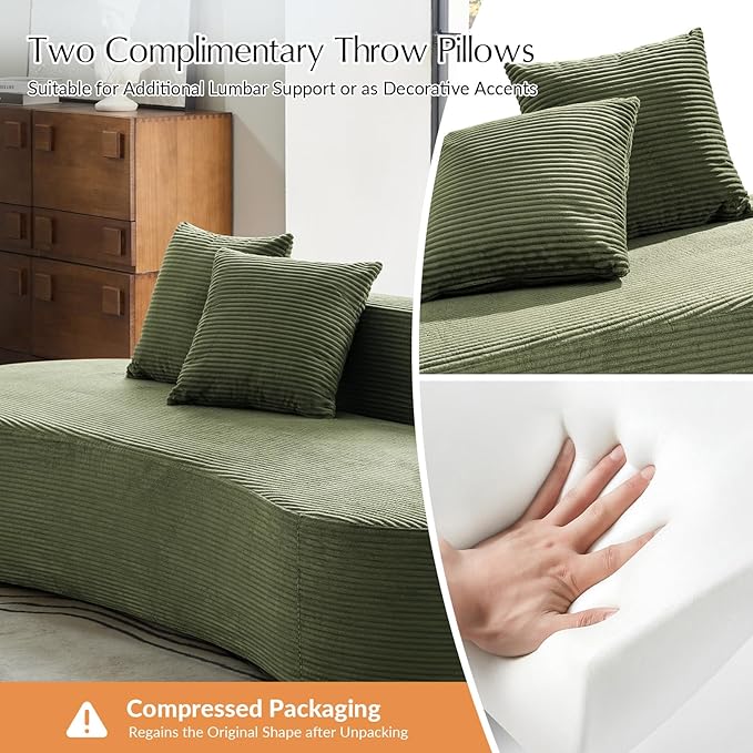 HULALA HOME 94.5 Curved Boneless Couch with Two Pillows Oversized 3 Seater Compressed Foam Sofa with Deep Seat Modern Cloud Couch for Living Room No Assembly Required Green