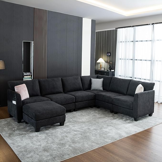 122.8 Large Sectional Couches for Living Room 6 Seater L Shaped Modular Sectional Sofa with Storage Ottoman &amp USB Oversized Corner Couch for Living Room（Black）