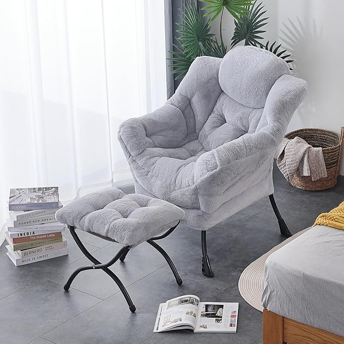 LITA Lazy Chair with Ottoman Modern Accent Leisure Upholstered Sofa Chair Contemporary Lounge Reading Chairs with Armrests and a Side Pocket for Living Room Bedroom &amp Small Space Plush Grey