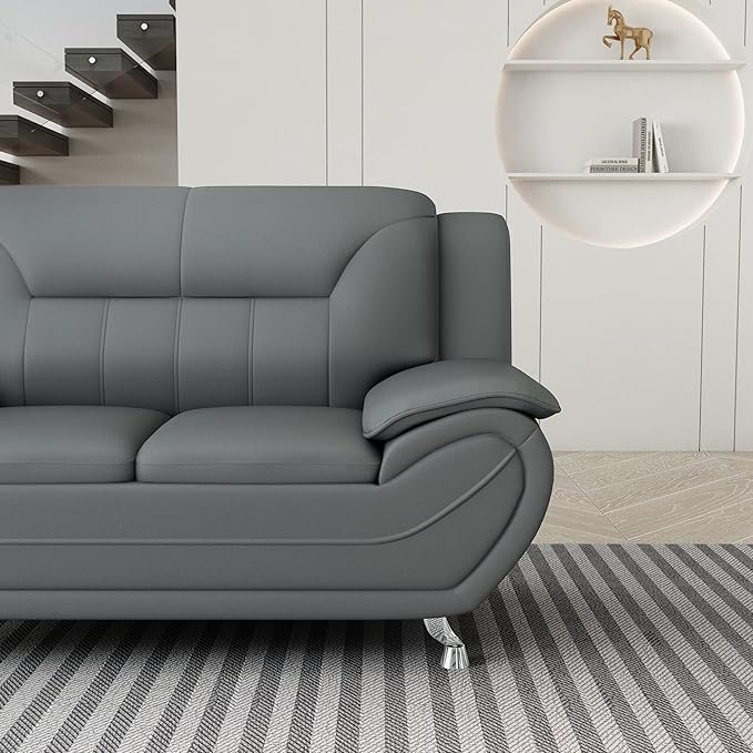 Michael Modern Faux Leather Upholstered Stainless Steel Legs Living Room Loveseat Gray