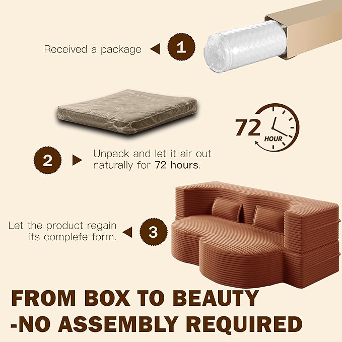 Convertible Sofa Bed Full Size｜78 Sleeper Couch with 2 Pillows｜Corduroy Fabric Folding Sofa Bed｜High-Density Foam｜No Assembly｜Space-Saving｜for Living Room Guest Room｜Orange