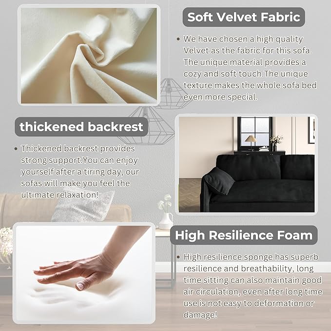 3 in 1 Convertible Queen Sleeper Sofa Bed Comfy Pull Out Futon Couch Bed 66 Modern Velvet Recliner Loveseat Sofa Multi-Functional Black Cloud Couch for Living RoomApartmentOffice (Black 66)