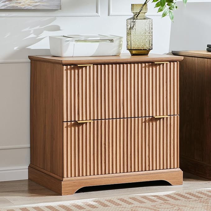 JXQTLINGMU 2 Drawer File Cabinet with Charging Station 30 Fluted Lateral File Cabinet w/Files Hanging Rod for Letter/Legal/A4 Large Tabletop for Printer Office Wood Printer Cabinets Dark Grain