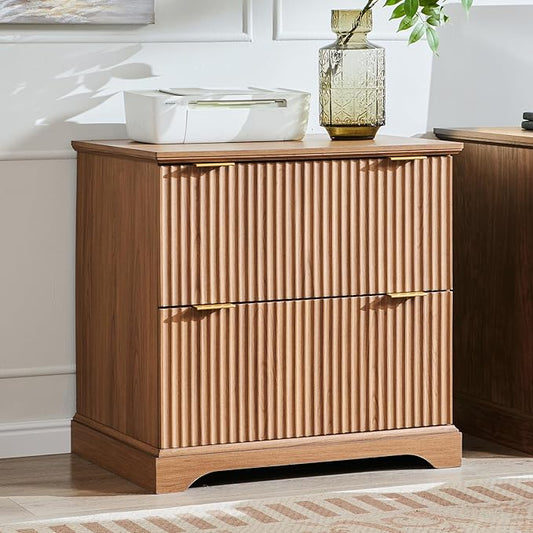 JXQTLINGMU 2 Drawer File Cabinet with Charging Station 30 Fluted Lateral File Cabinet w/Files Hanging Rod for Letter/Legal/A4 Large Tabletop for Printer Office Wood Printer Cabinets Dark Grain