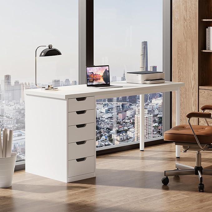 Tribesigns Modern Simple Computer Desk 47 Inches PC Desk with 5 Reversible Drawers Rustic Brown Study Writing Table Workstation for Home Office Small Spaces (All White)
