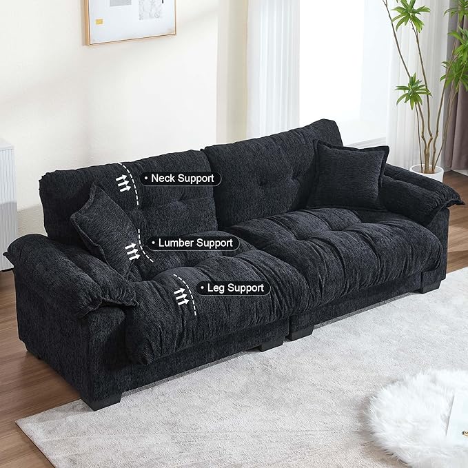 90.55 Black Loveseat Sofa for Living Room Cloud Couch Deep Sectional Sofa for Small Spaces 2 Seater Small Loveseat with Wide Armrest Pillows Comfy Sleeper Sofa Bed Black