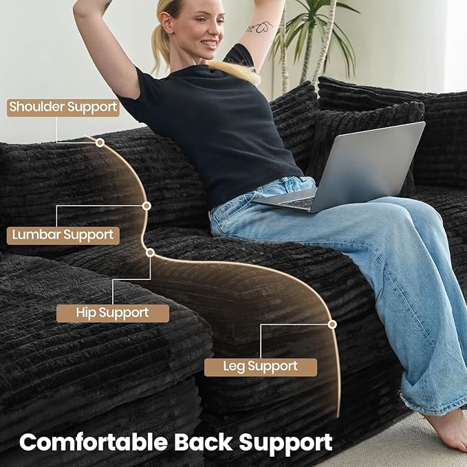 Belffin Plush Corduroy Boneless Cloud Couch with Deep Seat Convertible Sleeper Sofa Bed Cloud Boneless Sectional Couch No Assembly Required. Black Sofa