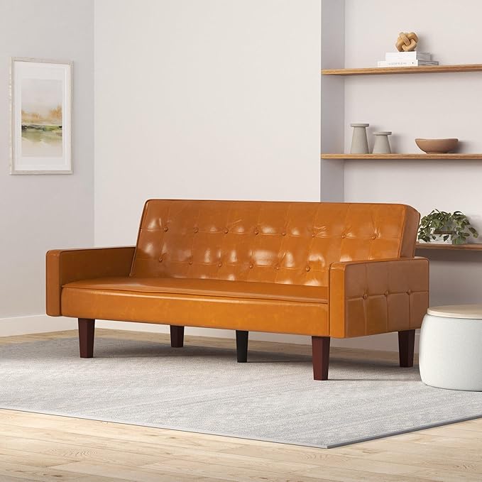 mikibama PU Futon Sofa Couch for Living Room Convertible Faux Leather Upholstered Futon Sleeper Sofa Bed Channel Tufted Bedroom Futons with Solid Wood Legs for Small Spaces