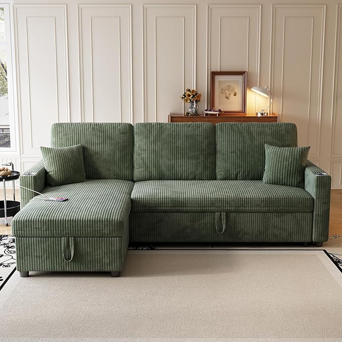 Sleeper Sectional Sofa 83 Convertible Sofa Bed with Pull Out Couches Small Desktop L Shaped Couch with Reversible Chaise Cup Holders USB Modern Corduroy Sofas for Living Room Apartment Green