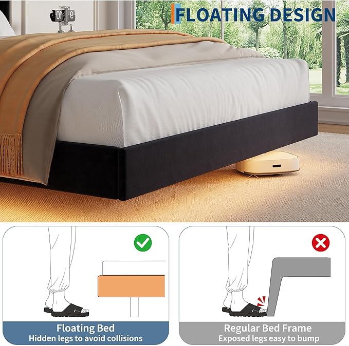 IDEALHOUSE Full Size Bed Frame with LED Lights Floating Platform Bed with Velvet Upholstered Storage Headboard No Box Spring Needed Noise Free Easy Assembly