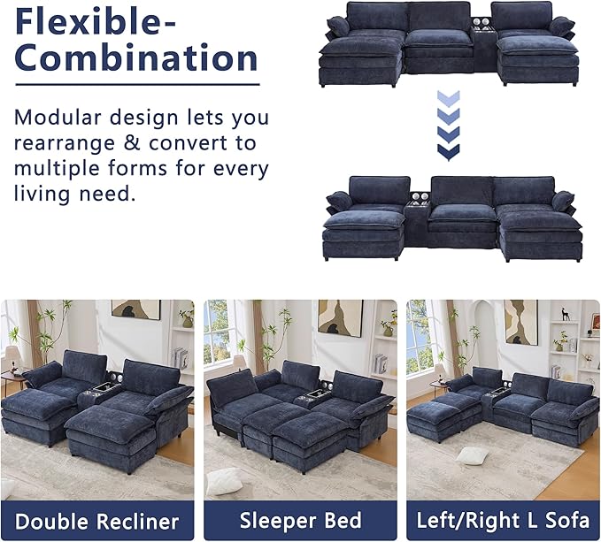 124'' Modular Sectional Sofa U-Shaped Chenille Cloud Couch with Storage 2 Ottomans Wireless Charging Loudspeaker Light 2 Cup Holders Double Chaise Couches for Living Room Office Blue