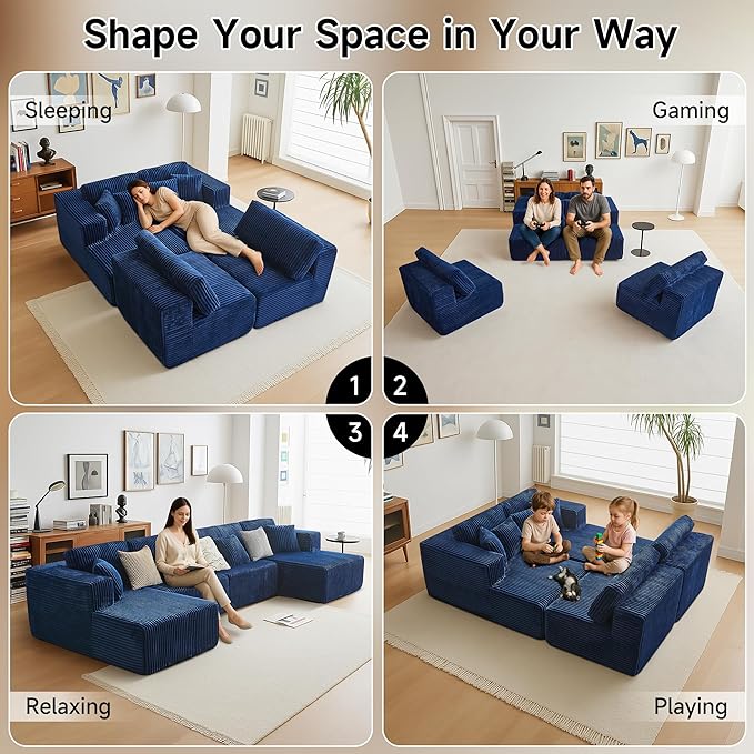 143 Oversized Cloud Boneless Couch with Chaise Modern Modular Sofa with Deep Seat Various Combinations Upholstered Couches for Living Room No Assembly Required Blue