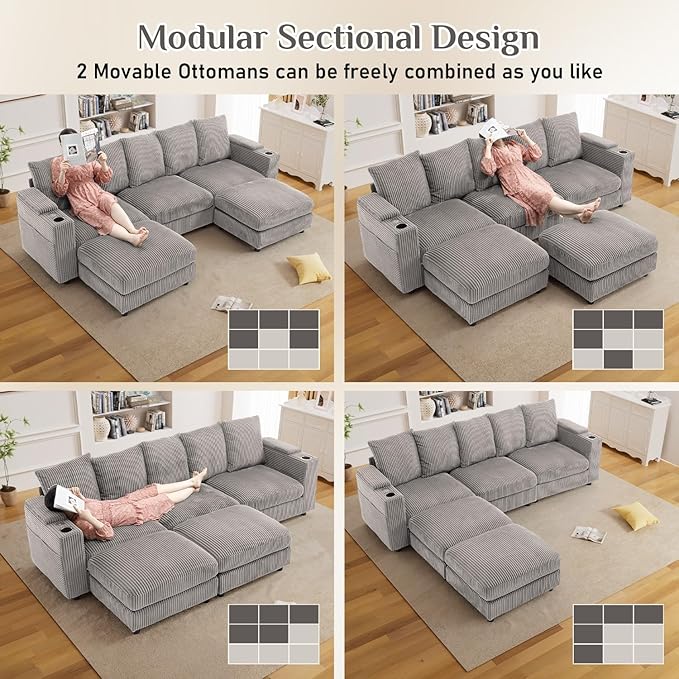 110 W x 60 D U Shape Sectional Sofa with USB Charging &amp Cup Holder &amp Storage 5 Seater Plush Corduroy Couches with Movable Ottoman Cloud Couch Sofas for Living Room DIY Combination - Light