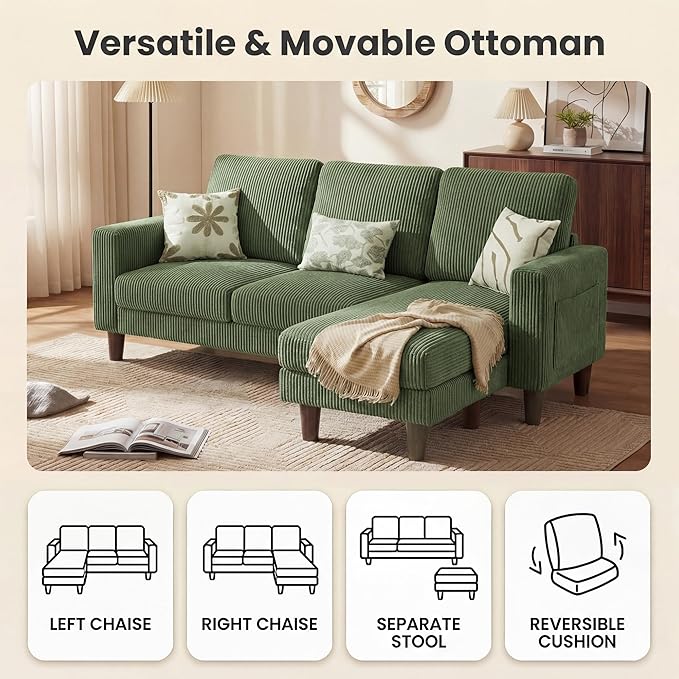 Homall 3 Seat Couch L Shape Sofa with Side Storage Pockage Sectional Couches with Reversible Ottoma Upholstered Sofa for Living Room and Small Spaces (Corduroy Green)