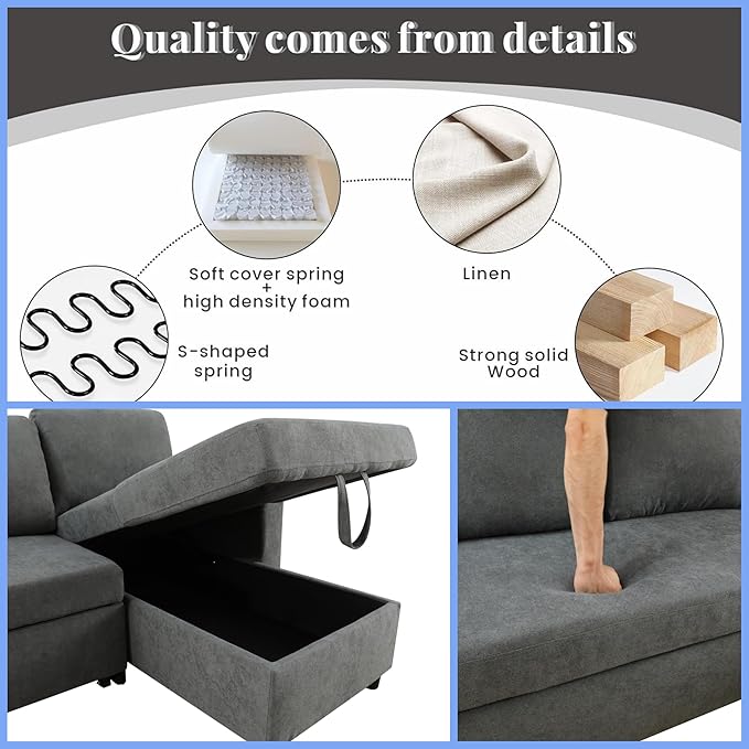 FONTOI Sofa Bed Pull Out Couch Convertible L Shaped Sleeper Sofa with Storage Chaise Modern Lounge Small Sectional Couches for Living Room Small Spaces Grey