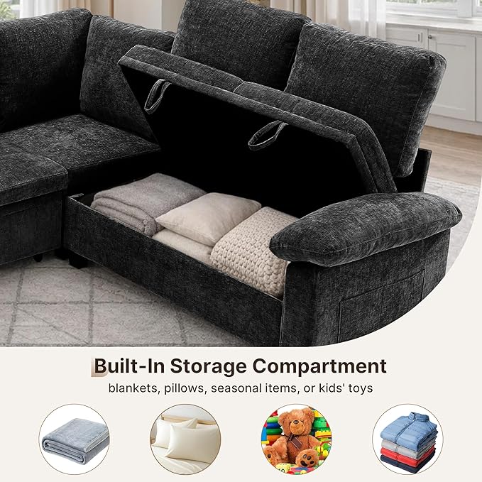 85 Modular Sectional Sofa Bed with Storage L Shaped Pull-Out Sleeper Sofa Removable Chenille Sofa Cover for Living Room (Black 5 Seat) | Modular Sectional Removable Cover Built-In Storage Hidde
