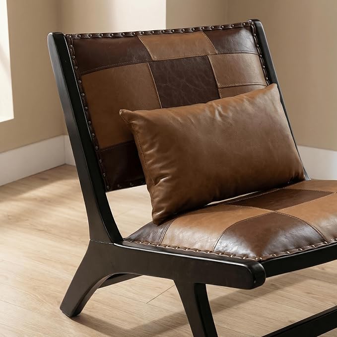 Mid-Century Modern Accent Chair Low-Profile Lounge Chair with Solid Wood Frame Faux Leather Upholstered Patchwork Design for Living Room Bedroom &amp Reading Corner(Antique Brown)